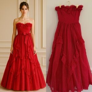 1970s Gunne Sax Jessica McClintock Strapless Corset Top Full Skirt Gown Sz 9